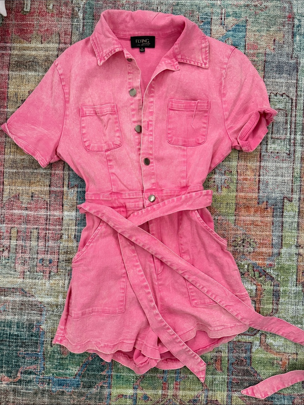 FLYING Tomato  Hot Pink Denim Short Romper with Tie Waist
